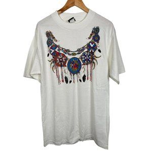 Vintage Diamond Dust Large T-Shirt Native‎ American Feathers Dream Catcher White